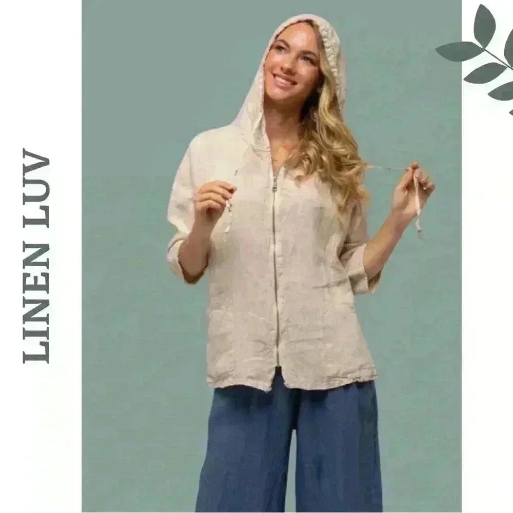 Linen Luv Zipper Front Hooded Jacket Front Pockets Natural Unlined